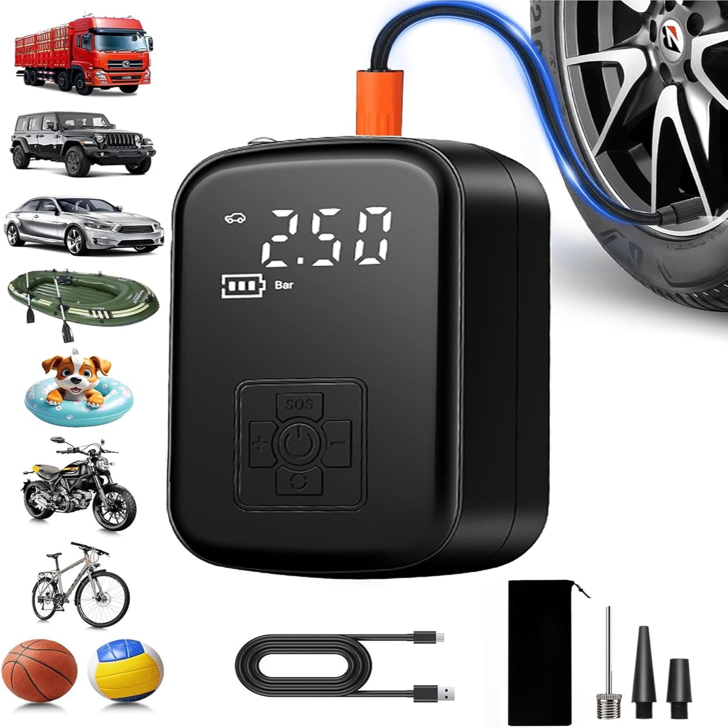 Car Wireless Air Pump Inflator Air Compressor Tire Pressure Detection for Bicycles, Motorcycles