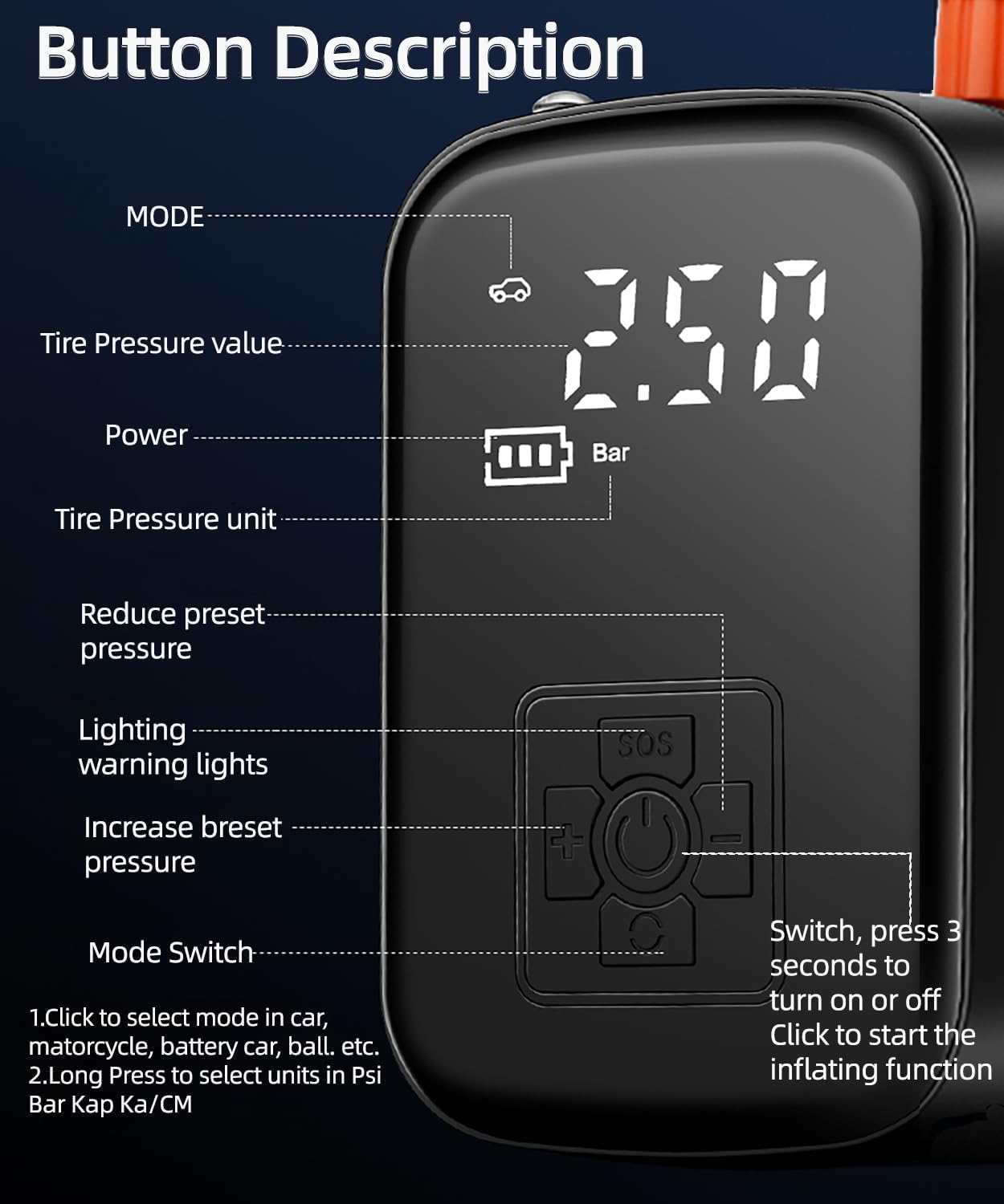 Car Wireless Air Pump Inflator Air Compressor Tire Pressure Detection for Bicycles, Motorcycles