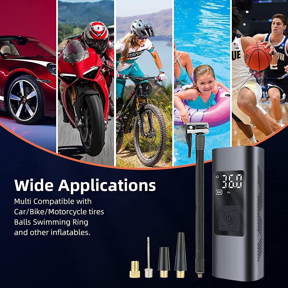 Fast Inflation: Electric Air Pump 6000 mAh Battery Compressor Universal 150 PSI Bicycle Pump Electric Mini with SOS LED for Car Tyres Bicycle Motorcycle Includes 2 Inflatable Tubes