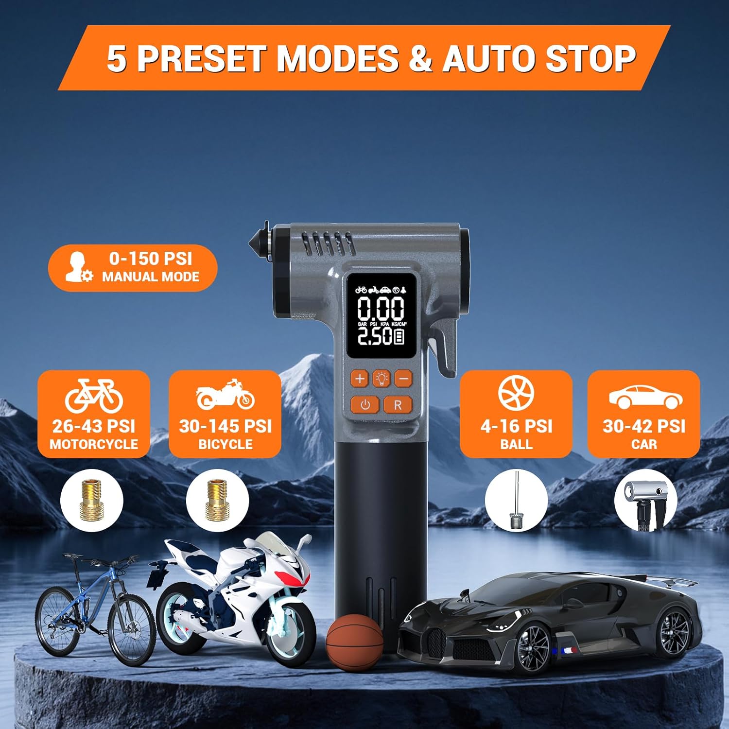 Tire Inflator Portable Air Compressor,180PSI & 6X Faster Air Pump for Car Tires,8 IN1 Bike pump with Digital Pressure Gauge and Auto Shut-Off,Cordless Tire Inflator for Ball Motorcycle
