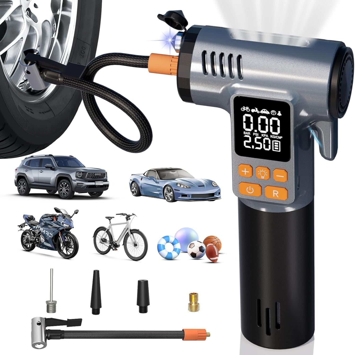 Tire Inflator Portable Air Compressor,180PSI & 6X Faster Air Pump for Car Tires,8 IN1 Bike pump with Digital Pressure Gauge and Auto Shut-Off,Cordless Tire Inflator for Ball Motorcycle