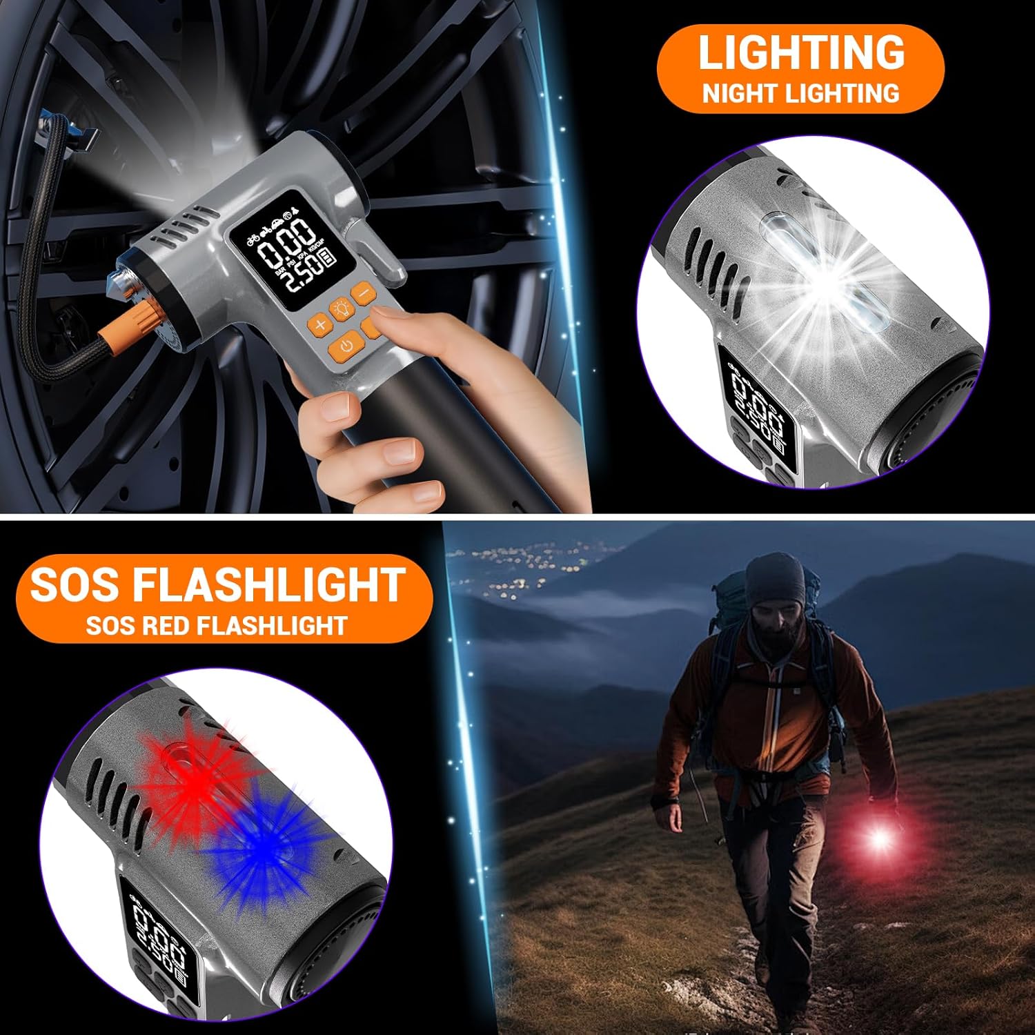 Tire Inflator Portable Air Compressor,180PSI & 6X Faster Air Pump for Car Tires,8 IN1 Bike pump with Digital Pressure Gauge and Auto Shut-Off,Cordless Tire Inflator for Ball Motorcycle