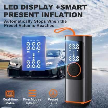 Tire Inflator Portable Air Compressor, 150PSI Aluminum Alloy Air Pump for Car Tires, Tire Pump with Digital Pressure Gauge & Emergency Light, 6X Faster Portable Tire Pump for Car, Ball, Bike, Motor