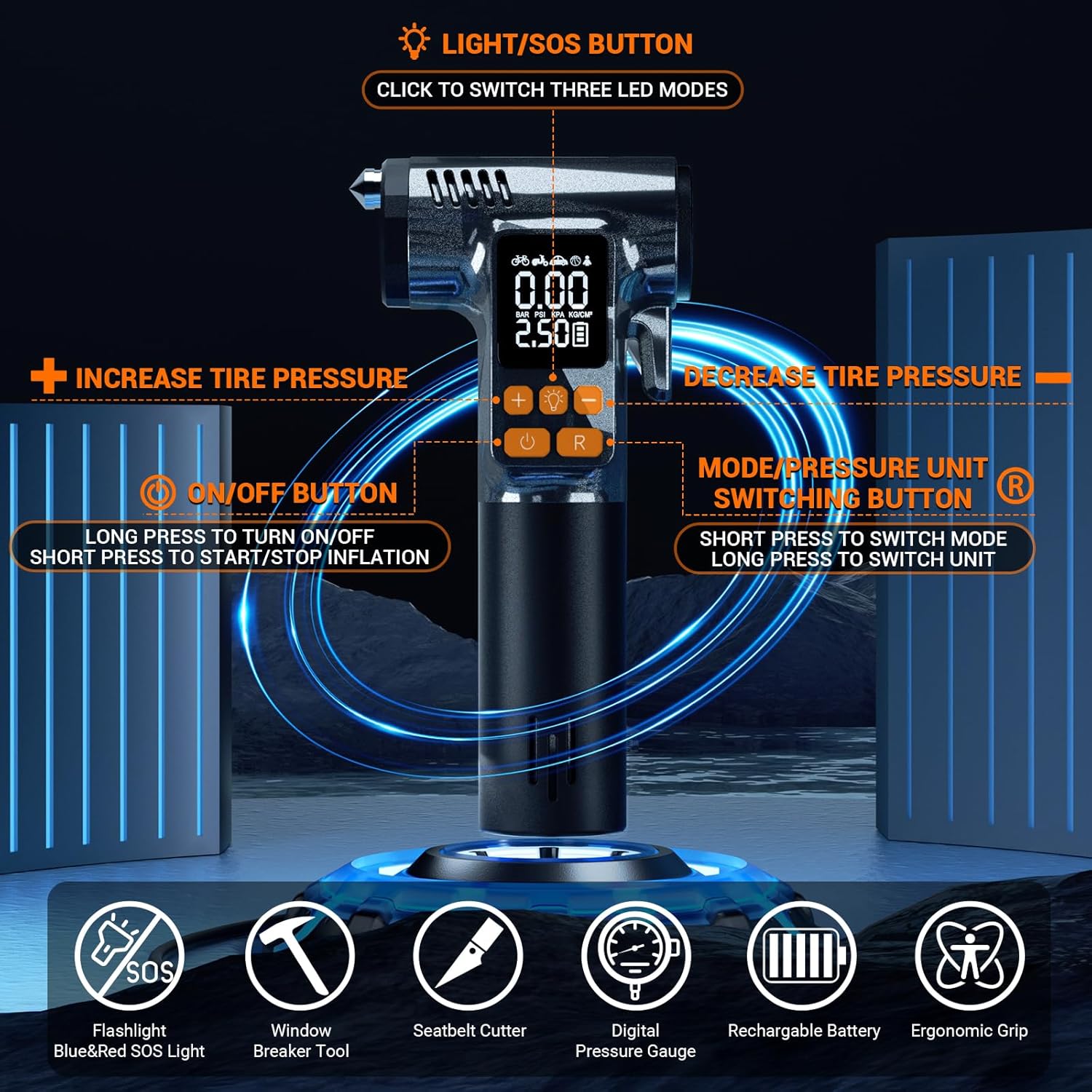 Tire Inflator Portable Air Compressor,180PSI & 6X Faster Air Pump for Car Tires,8 IN1 Bike pump with Digital Pressure Gauge and Auto Shut-Off,Cordless Tire Inflator for Ball Motorcycle